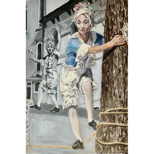 Tightrope walking performer in Venice Italy oil painting on canvas in blue by London based portrait artist Stella Tooth