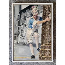 Load image into Gallery viewer, Tightrope walking performer in Venice Italy oil painting on canvas in blue by London based portrait artist Stella Tooth
