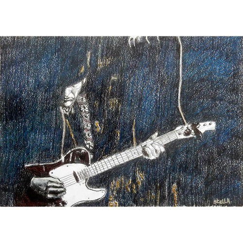 The Trembling Wilburys musicians performing at the Half Moon Putney mixed media drawing on paper artwork by artist Stella Tooth