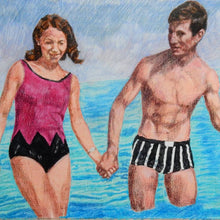 Load image into Gallery viewer, The Young Ones seaside swimmers pencil on paper in aqua blue deep pink and black by London based portrait artist Stella Tooth detail
