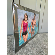 Load image into Gallery viewer, The Young Ones seaside swimmers pencil on paper in aqua blue deep pink and black by London based portrait artist Stella Tooth side
