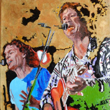 Load image into Gallery viewer, The Fabulous Electric Zimmermen band performing at the Half Moon Putney oil on canvas painting by artist Stella Tooth detail
