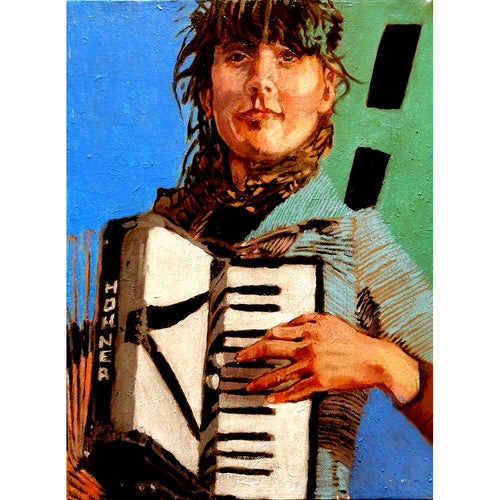 The accordion player in blue oil on canvas artwork by Stella Tooth