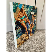 Load image into Gallery viewer, Sunbathing women oil painting on canvas of friends bathing in aqua blue waters by London portrait artist Stella Tooth side
