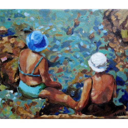 Vecchie Amiche in Ischia by Stella Tooth original oil painting of two sunbathing ladies by Mediterranean waters in Italy