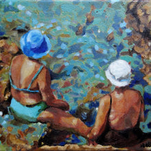 Load image into Gallery viewer, Vecchie Amiche in Ischia by Stella Tooth original oil painting of two sunbathing ladies by Mediterranean waters in Italy detail
