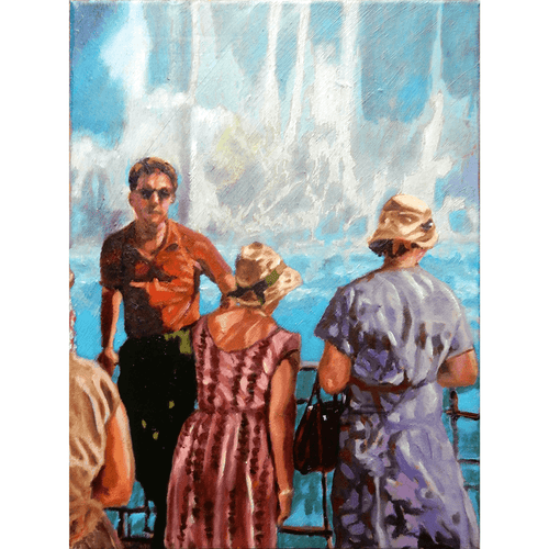 White water oil painting on canvas of tourists standing by the Niagara Falls by London based portrait artist Stella Tooth