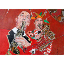 Load image into Gallery viewer, Mixed media on paper artwork of Whoopee Band Richard White and Malcolm Sked by Stella Tooth who is resident artist at the Half Moon Putney
