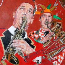 Load image into Gallery viewer, Mixed media on paper artwork of Whoopee Band Richard White and Malcolm Sked by Stella Tooth who is resident artist at the Half Moon Putney detail
