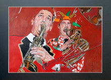 Load image into Gallery viewer, Mixed media on paper artwork of Whoopee Band Richard White and Malcolm Sked by Stella Tooth who is resident artist at the Half Moon Putney display

